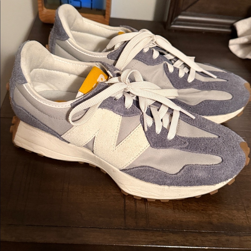 New Balance Gray and Cream Sneakers with Yellow Accents